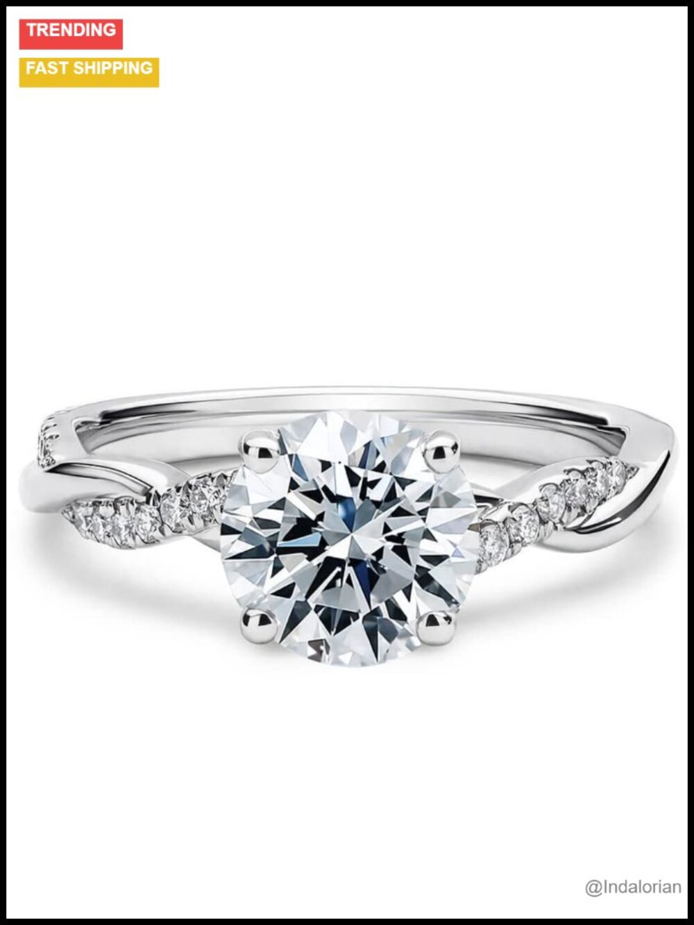 Moissanite Engagement Ring Platinum Plated Silver Round Cut Cathedral Style